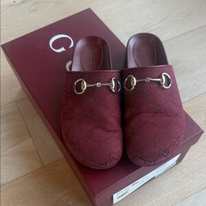 Gucci Women's Deep Red Burgundy Mules with Gold Horse Bit size 37